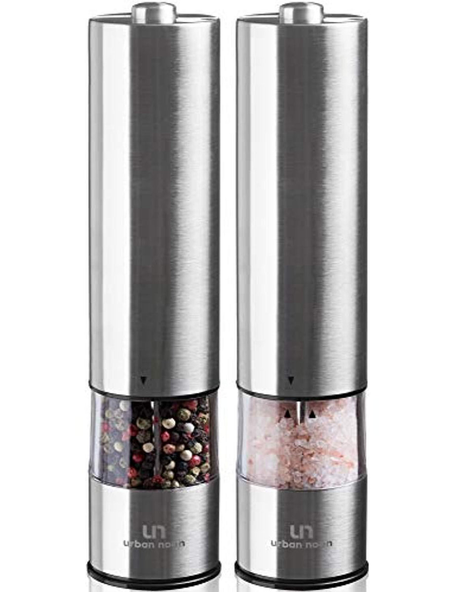 Urban Noon Electric Salt and Pepper Grinder Set - Battery Operated Stainless Steel Mill with Light (2 Mills) - Automatic One Handed