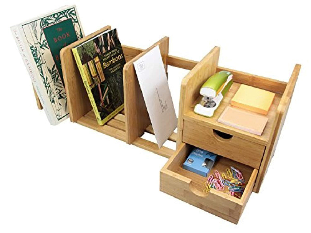 Natural Bamboo Desk Organizer with Extendable Storage and Two Drawers ...