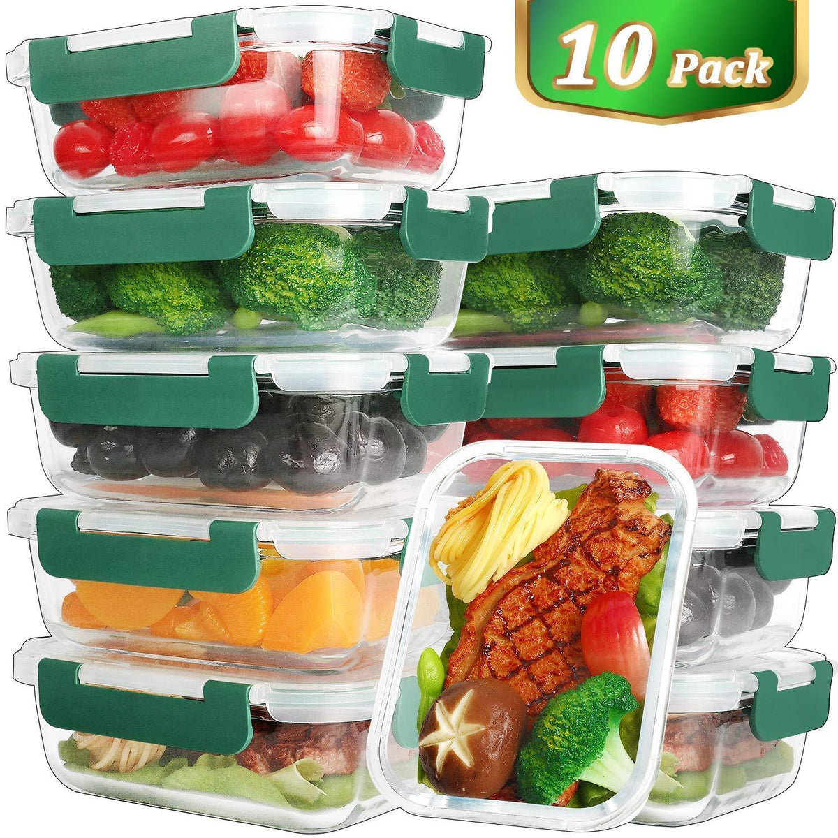 KOMUEE 10 Packs 22 oz Glass Meal Prep Containers, Glass Food Storage  Containers with Lids, Airtight Glass Lunch Containers, BPA Free, Microwave,  Oven, Freezer and Dishwasher Friendly, Green