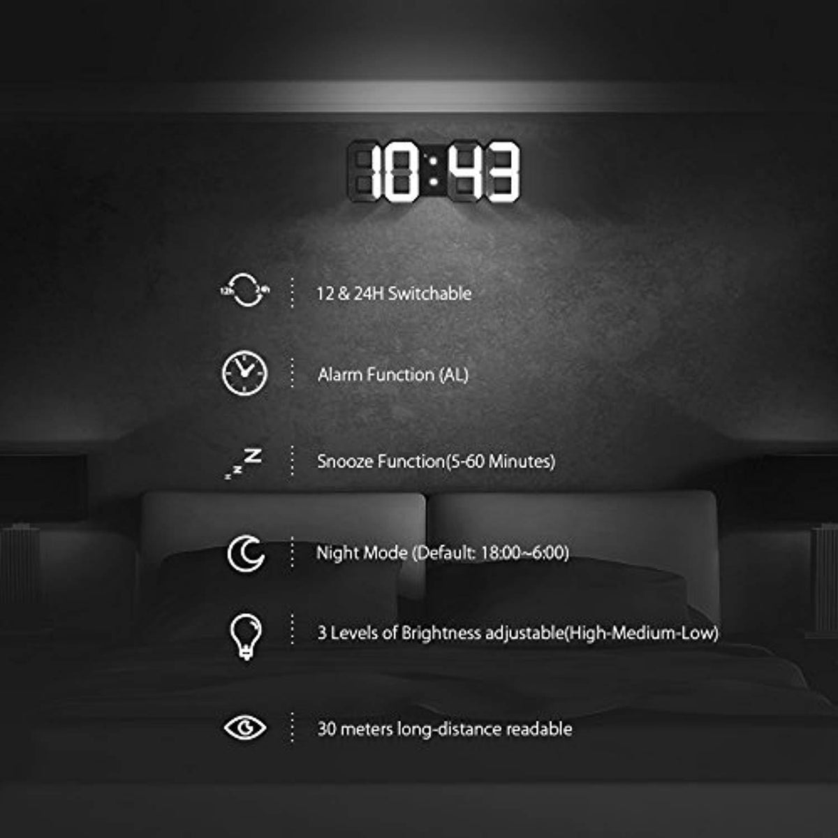 DIGOO DC-K3 3D Digital Alarm Clock, Wall Alarm clock, Led Electronic C ...