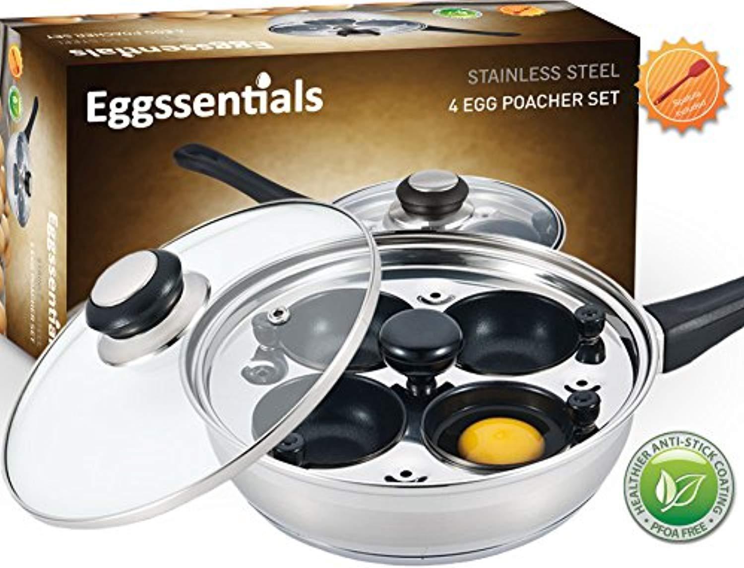 Eggssentials Stainless Steel Egg Poacher Pan Non Stick Poached Egg Cooker  with Spatula